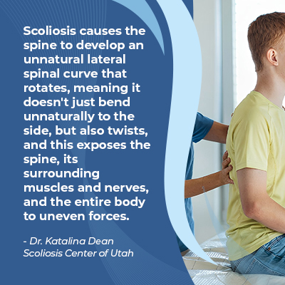 A visual representation of the quote from the text starting with “Scoliosis causes the spine to develop"