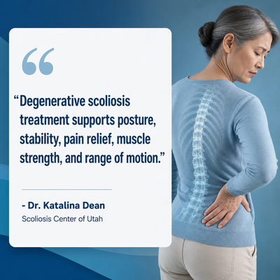 A visual representation of the quote from the text starting with “Treatment for degenerative scoliosis focuses"